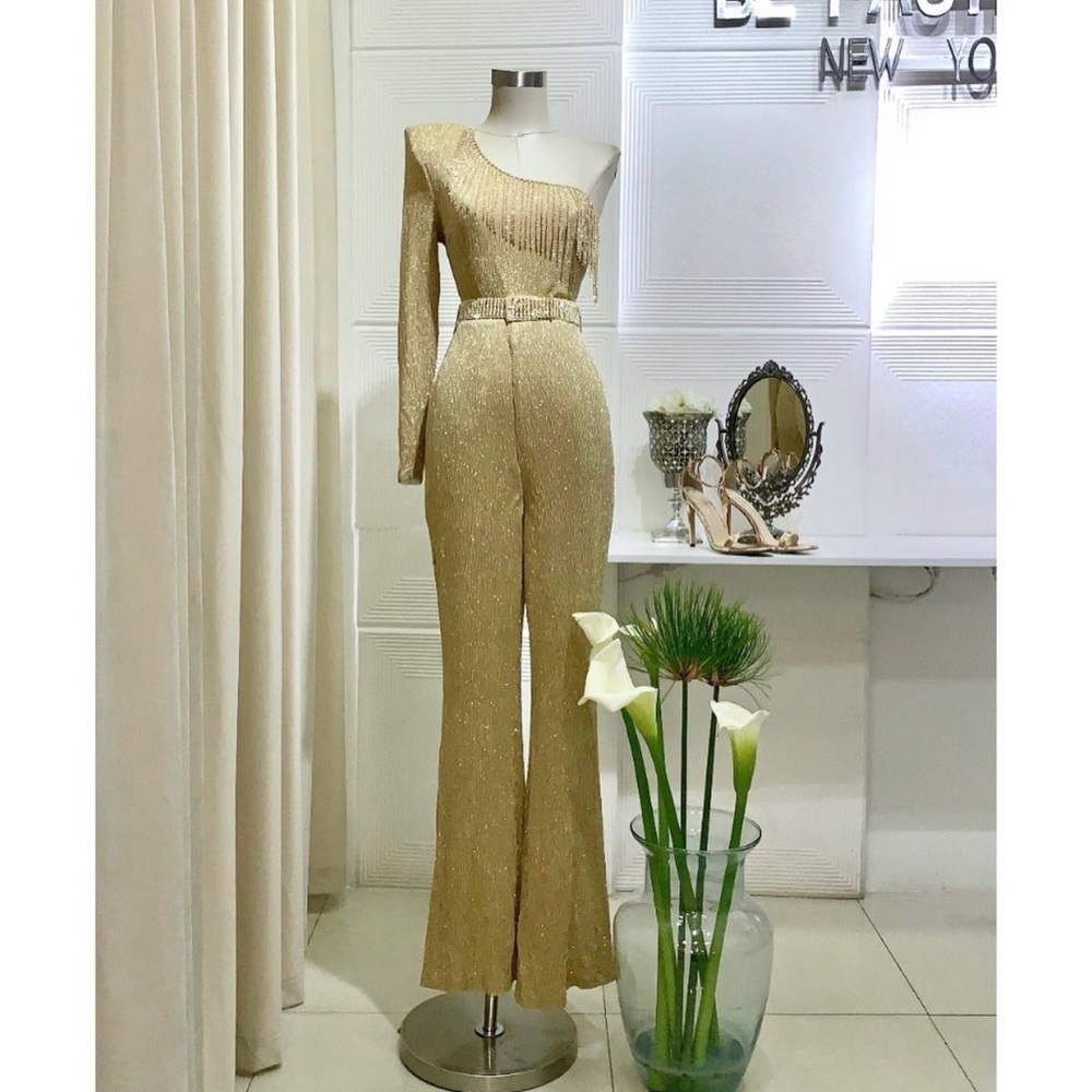 Gold One-Shoulder Sequin Jumpsuit with Belted Waist